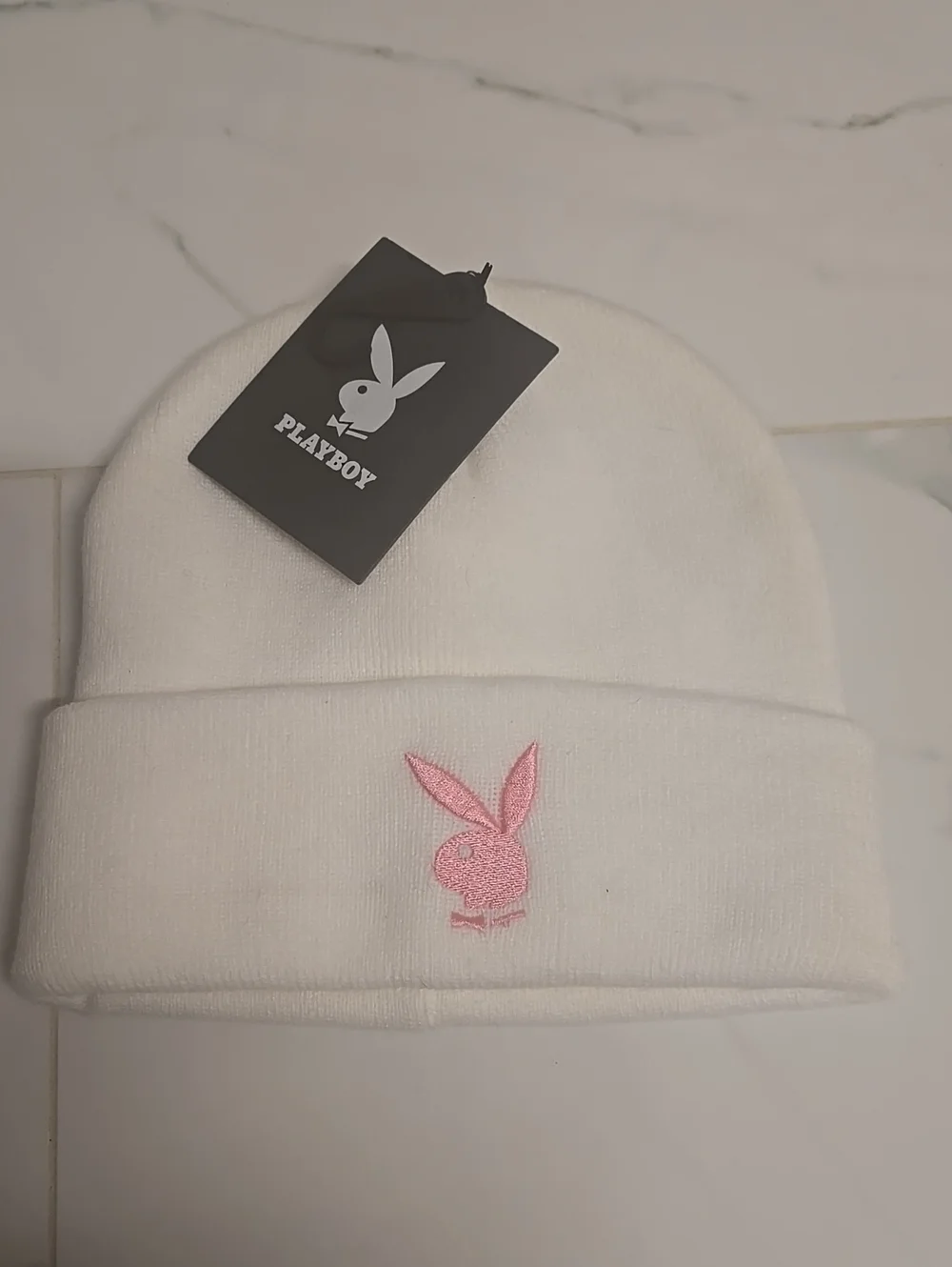 PLAYBOY White Beanie with Pink Bunny Embroidery